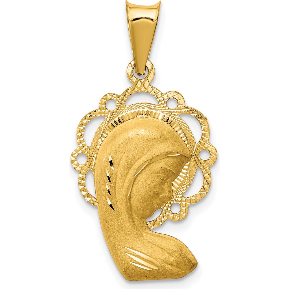 14K Yellow Gold Satin and Polished Diamond-Cut Virgin Mary Scalloped Edge Pendant - 30.5mm Length by Oro Pregiato