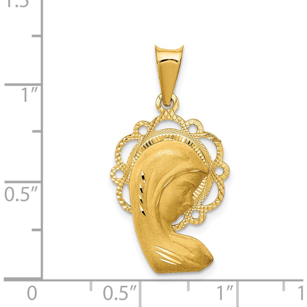 14K Yellow Gold Satin and Polished Diamond-Cut Virgin Mary Scalloped Edge Pendant - 30.5mm Length by Oro Pregiato