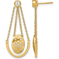 14K Yellow Gold Satin & Polished Diamond Oval Drop Earrings with Chain Dangle - 0.14 Carat Total Diamond Weight by Monteluci Fine Jewelry