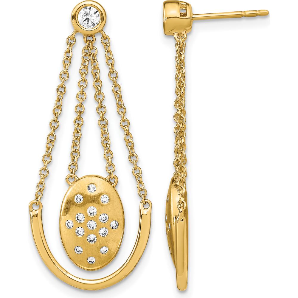 14K Yellow Gold Satin & Polished Diamond Oval Drop Earrings with Chain Dangle - 0.14 Carat Total Diamond Weight by Monteluci Fine Jewelry