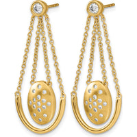 14K Yellow Gold Satin & Polished Diamond Oval Drop Earrings with Chain Dangle - 0.14 Carat Total Diamond Weight by Monteluci Fine Jewelry