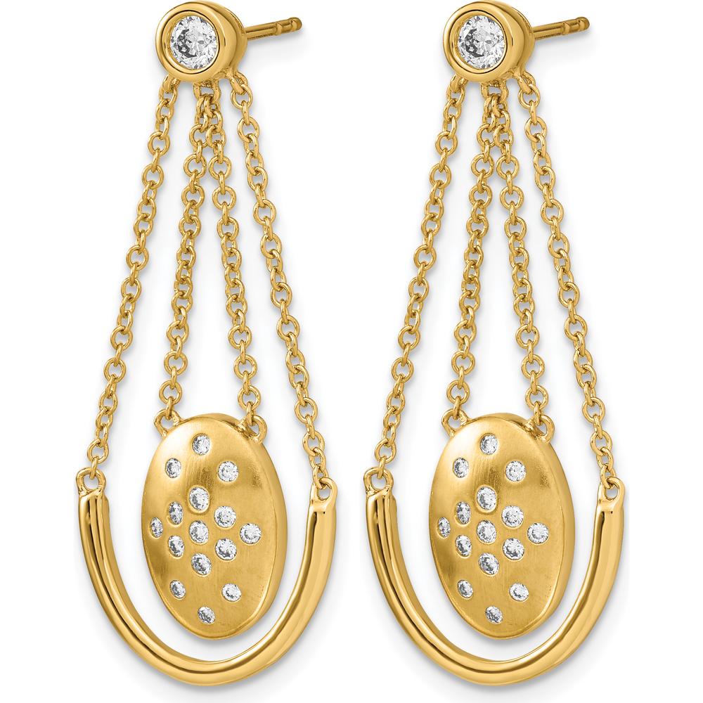 14K Yellow Gold Satin & Polished Diamond Oval Drop Earrings with Chain Dangle - 0.14 Carat Total Diamond Weight by Monteluci Fine Jewelry