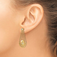 14K Yellow Gold Satin & Polished Diamond Oval Drop Earrings with Chain Dangle - 0.14 Carat Total Diamond Weight by Monteluci Fine Jewelry