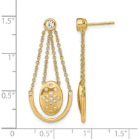 14K Yellow Gold Satin & Polished Diamond Oval Drop Earrings with Chain Dangle - 0.14 Carat Total Diamond Weight by Monteluci Fine Jewelry