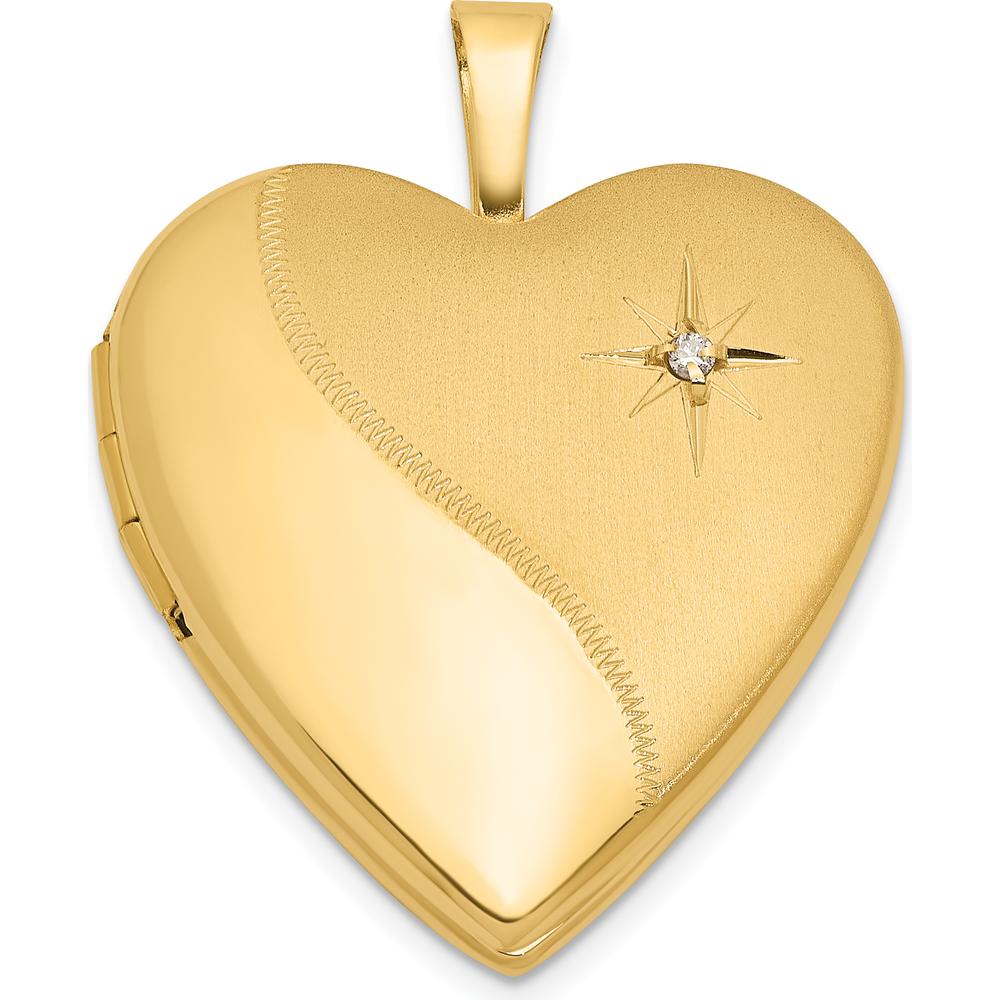 14K Yellow Gold Satin and Polished Diamond Star Heart Locket - 0.05 Carat Diamond by Oro Pregiato