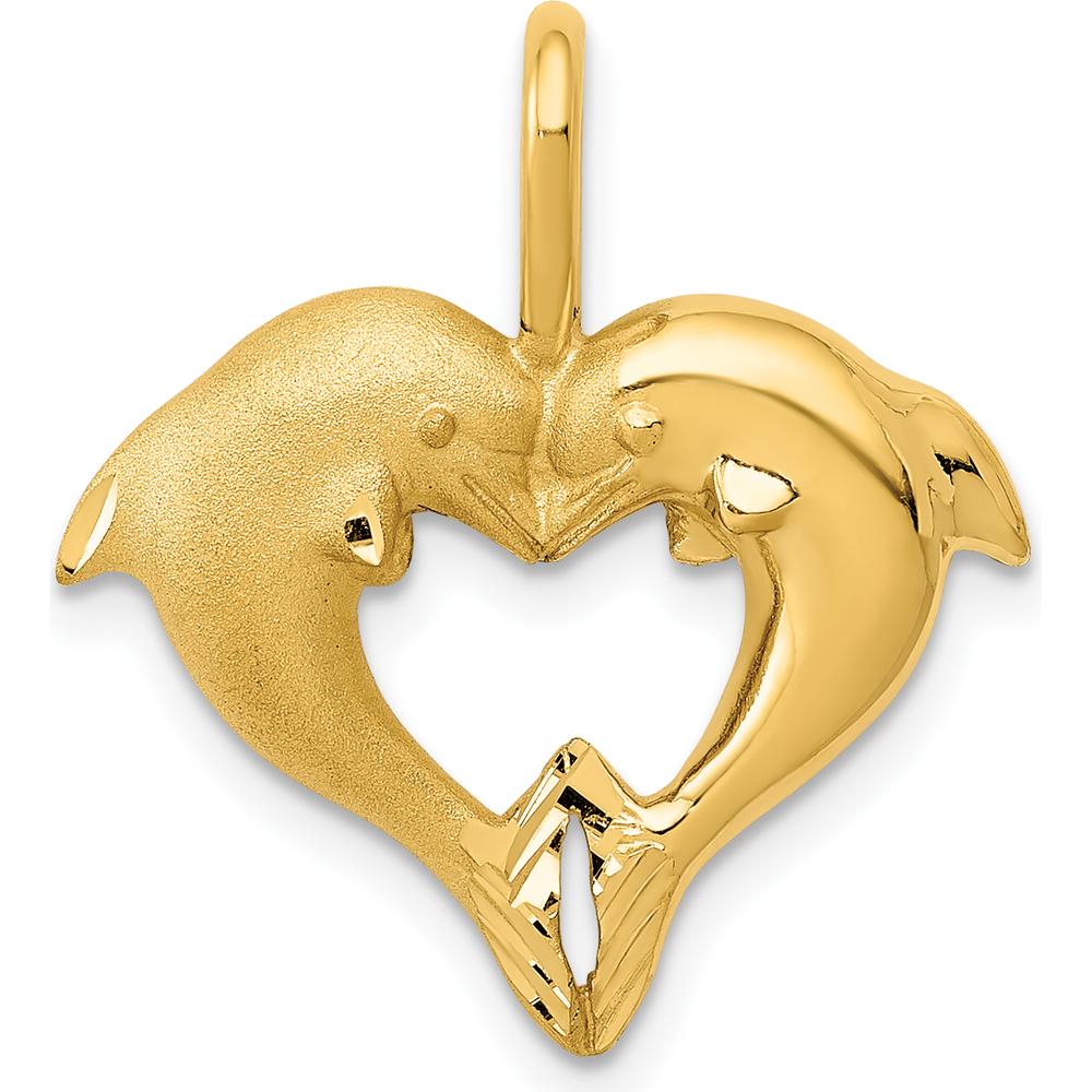 14K Yellow Gold Satin and Polished Dolphin Heart Pendant by Oro Pregiato