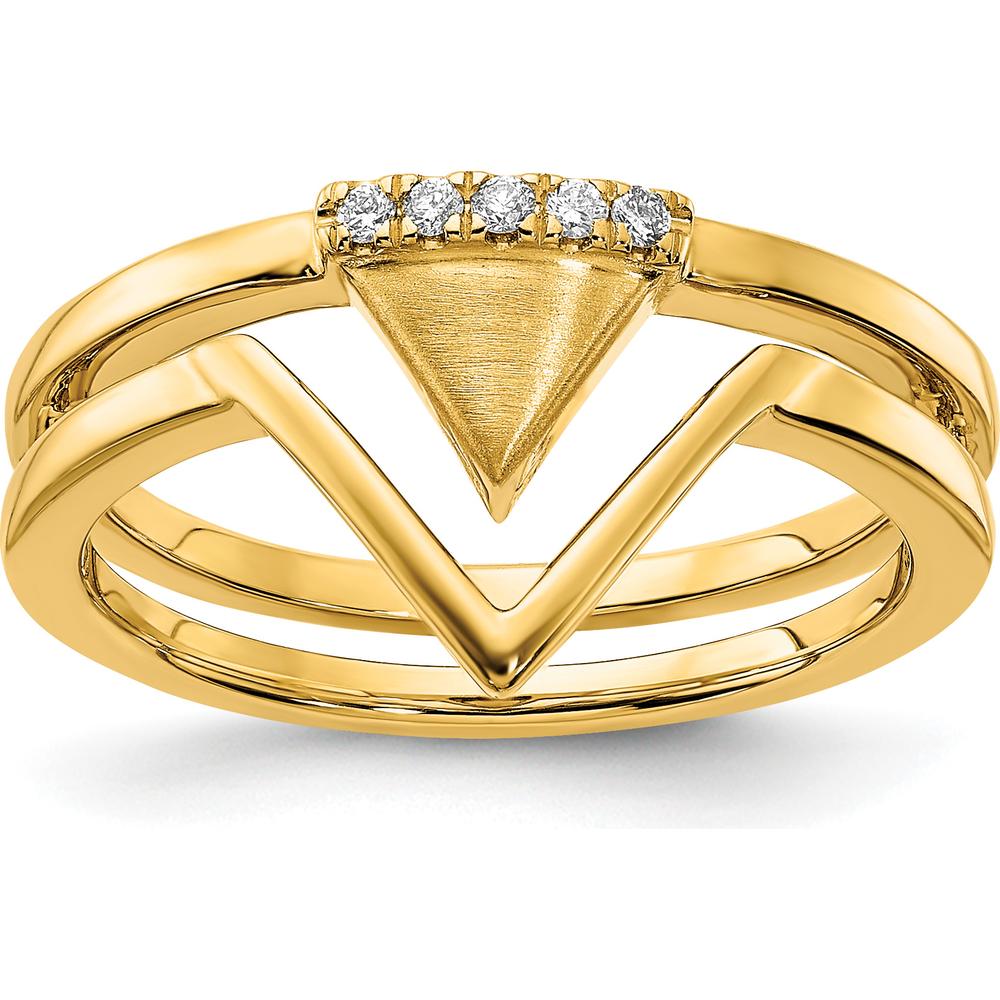 14K Yellow Gold Satin and Polished Double Triangle Ring with 5 Round Prong-Set Diamonds - 0.011 Carat Total Diamond Weight by 0