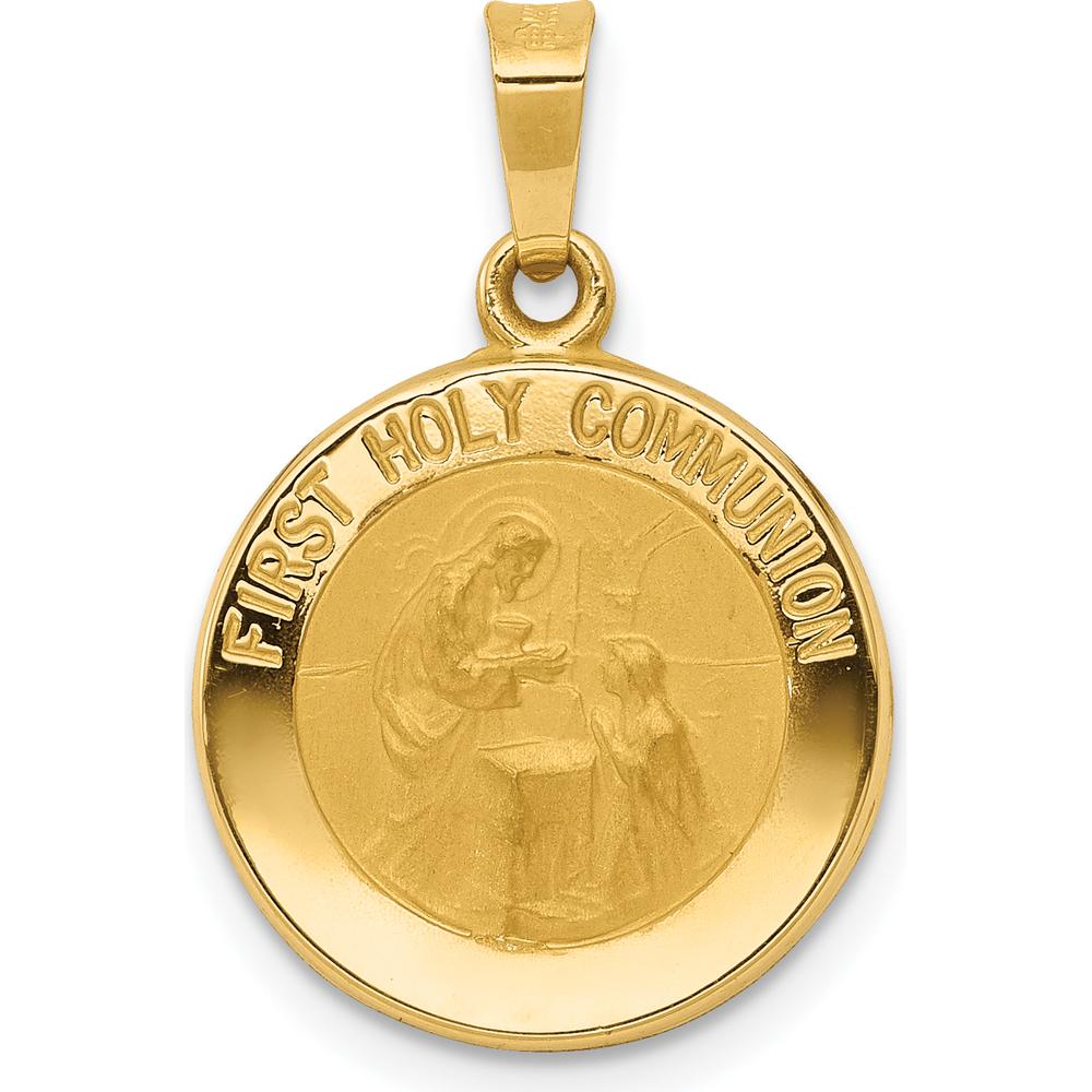 14K Yellow Gold Satin and Polished First Holy Communion Medal Pendant - Religious Keepsake by Oro Pregiato