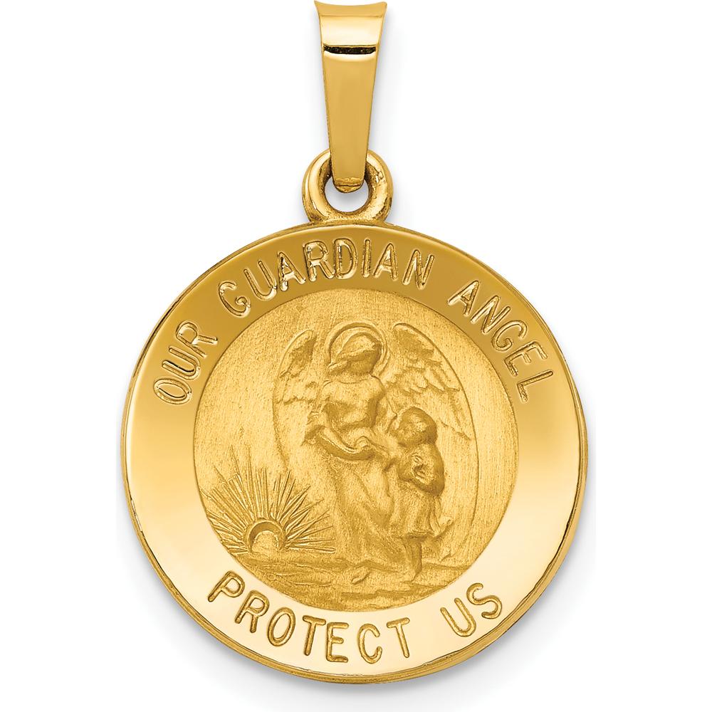 14K Yellow Gold Satin & Polished Guardian Angel Medal Charm - 21.75mm Length by Oro Pregiato