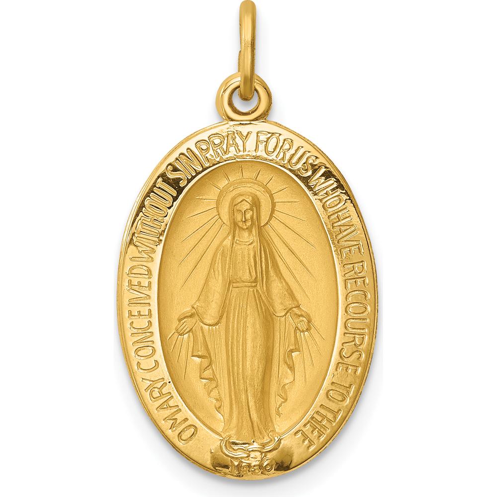 14K Yellow Gold Satin and Polished Miraculous Medal Pendant - 25mm Length by Oro Pregiato
