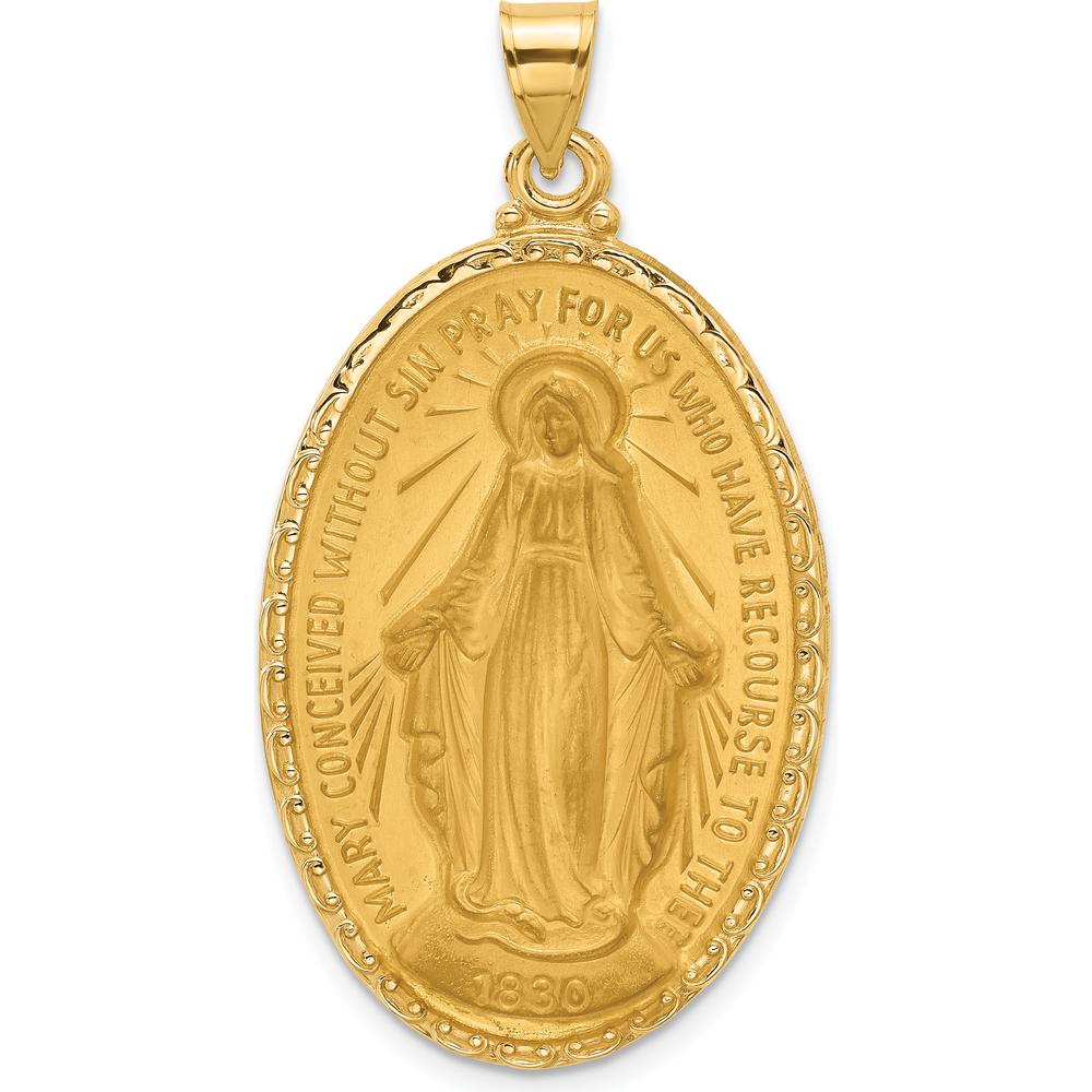 14K Yellow Gold Satin and Polished Miraculous Medal Pendant - 45mm Length by Oro Pregiato