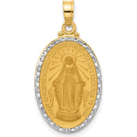 14K Yellow Gold Satin and Polished Miraculous Medal Pendant with White Rhodium Accent - 27mm Length by Oro Pregiato