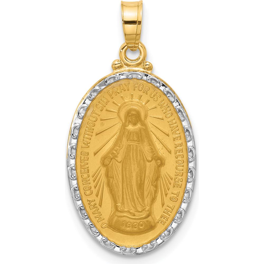 14K Yellow Gold Satin and Polished Miraculous Medal Pendant with White Rhodium Accent - 27mm Length by Oro Pregiato