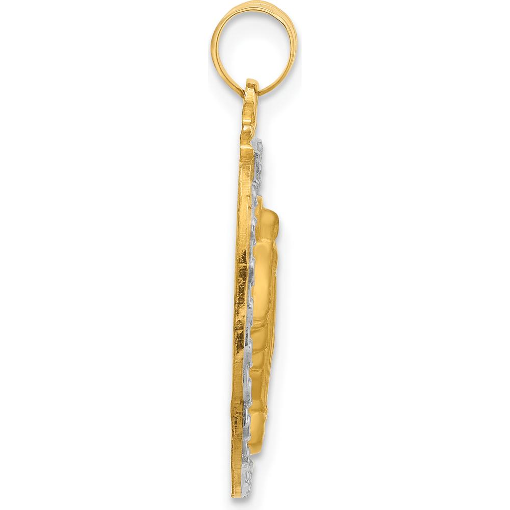 14K Yellow Gold Satin and Polished Miraculous Medal Pendant with White Rhodium Accent - 27mm Length by Oro Pregiato
