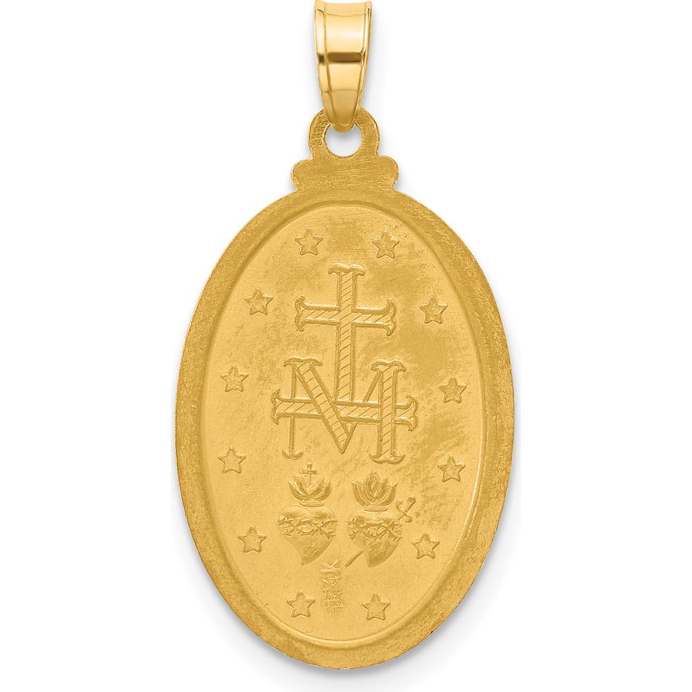 14K Yellow Gold Satin and Polished Miraculous Medal Pendant with White Rhodium Accent - 27mm Length by Oro Pregiato