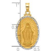 14K Yellow Gold Satin and Polished Miraculous Medal Pendant with White Rhodium Accent - 27mm Length by Oro Pregiato