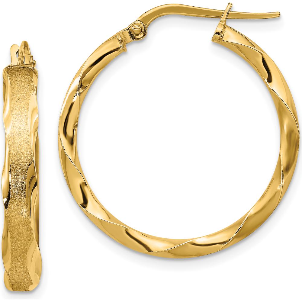 14K Yellow Gold Satin and Polished Scalloped Edge Hoop Earrings - 27mm Length by 0