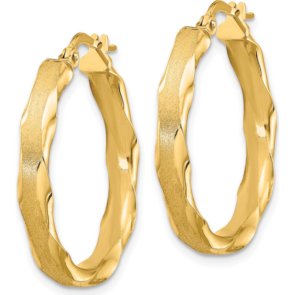 14K Yellow Gold Satin and Polished Scalloped Edge Hoop Earrings - 27mm Length by 0