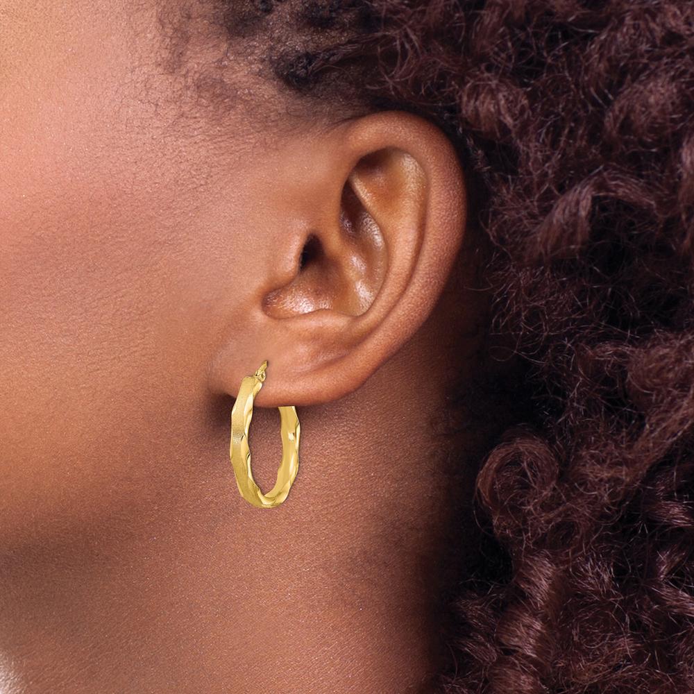 14K Yellow Gold Satin and Polished Scalloped Edge Hoop Earrings - 27mm Length by 0