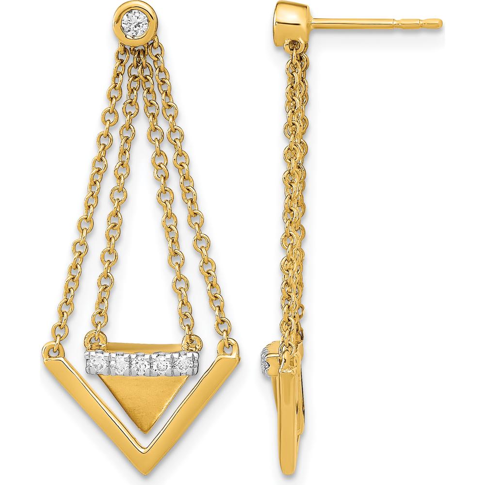 14K Yellow Gold Satin and Polished Triangle Chain Dangle Earrings with Round Diamonds - 0.072 Carat Total Diamond Weight by Monteluci Fine Jewelry