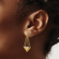 14K Yellow Gold Satin and Polished Triangle Chain Dangle Earrings with Round Diamonds - 0.072 Carat Total Diamond Weight by Monteluci Fine Jewelry