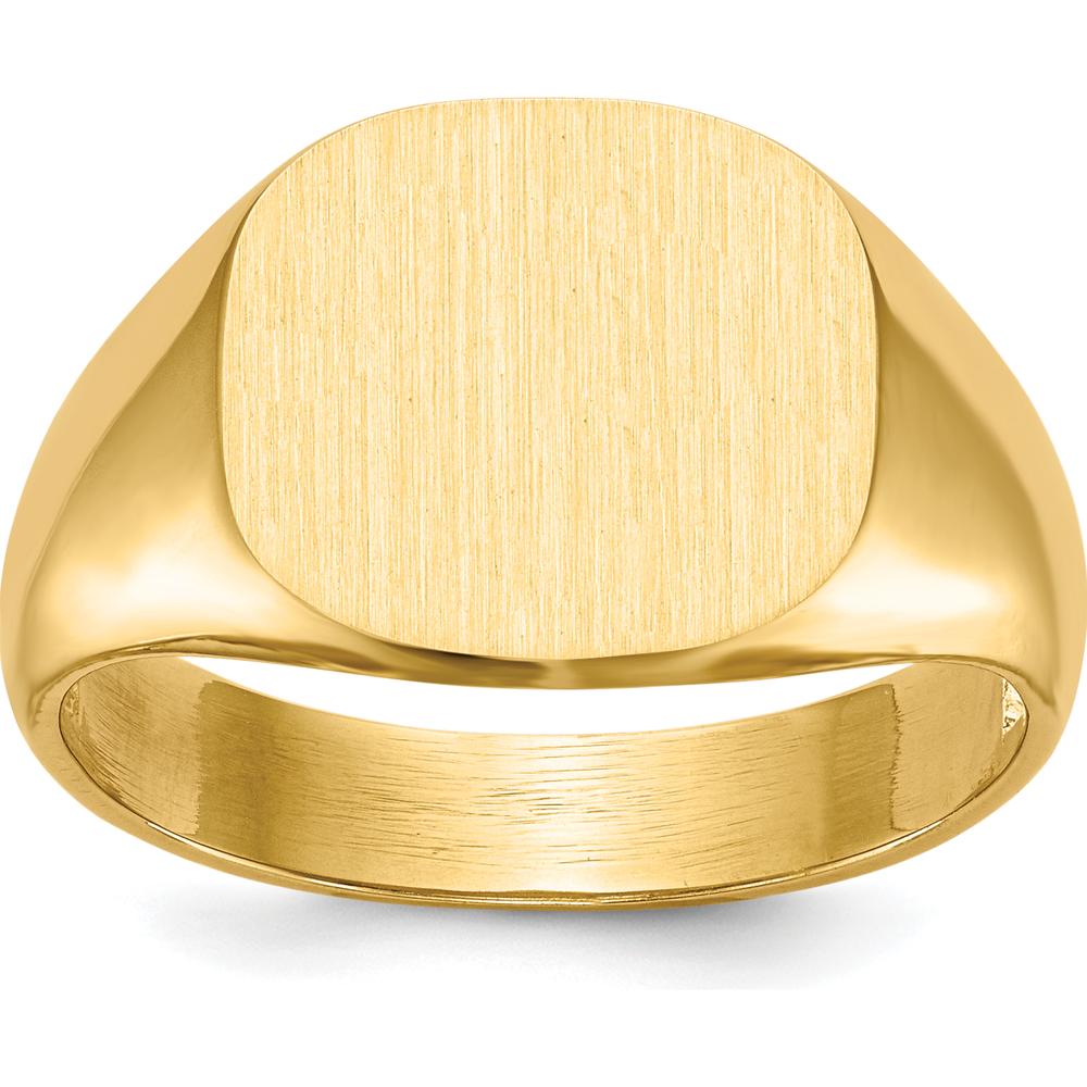 14K Yellow Gold Satin Brushed Signet Ring with Tapered Band - Engravable, 13.5x12.0mm by 0