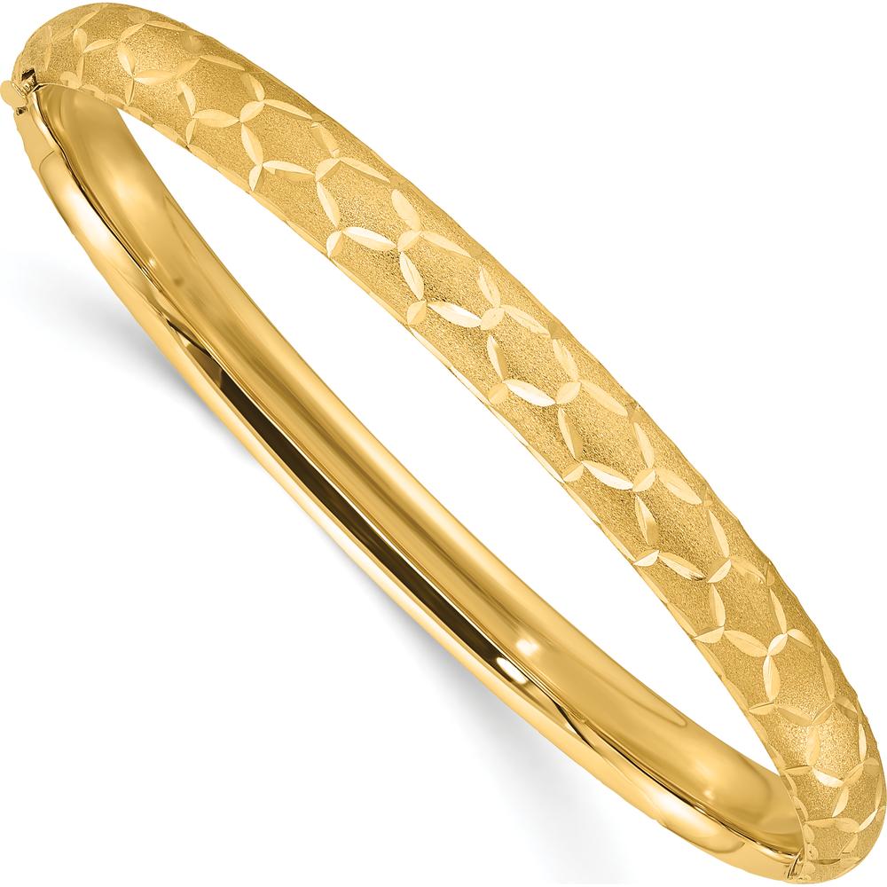 14K Yellow Gold Satin Diamond-Cut 6.20mm Hinged Round Bangle Bracelet - Luxury Statement Design by Oro Pregiato