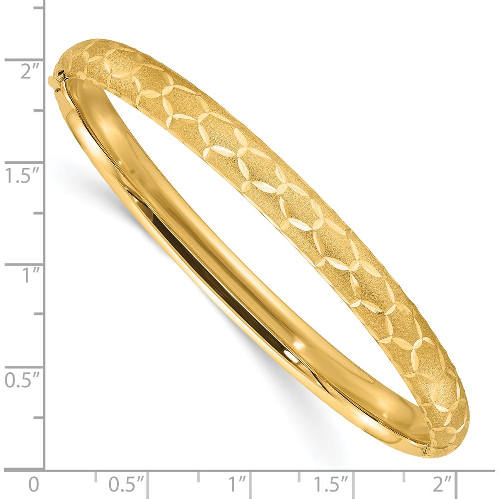 14K Yellow Gold Satin Diamond-Cut 6.20mm Hinged Round Bangle Bracelet - Luxury Statement Design by Oro Pregiato