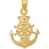 14K Yellow Gold Satin Diamond-Cut Anchor and Ship's Wheel Pendant - Nautical Themed Design by Oro Pregiato