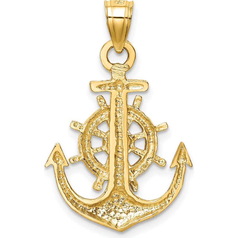 14K Yellow Gold Satin Diamond-Cut Anchor and Ship's Wheel Pendant - Nautical Themed Design by Oro Pregiato