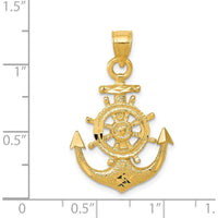 14K Yellow Gold Satin Diamond-Cut Anchor and Ship's Wheel Pendant - Nautical Themed Design by Oro Pregiato