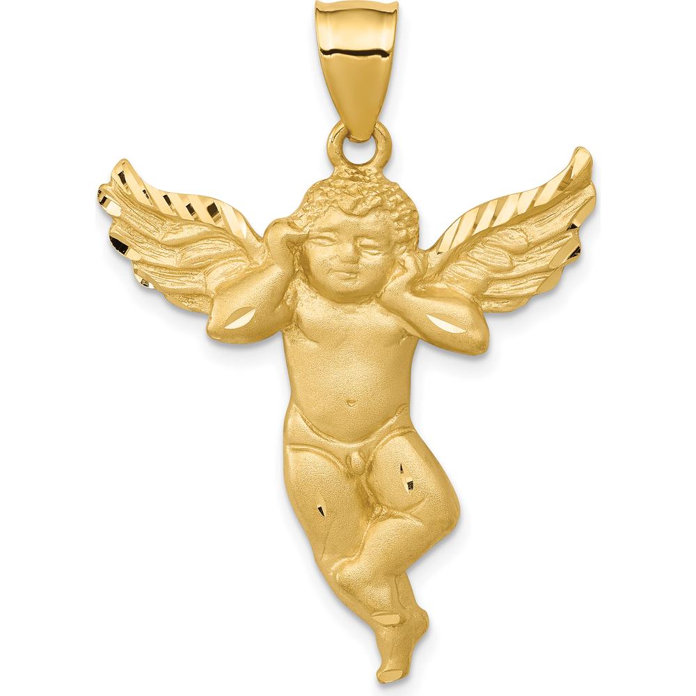 14K Yellow Gold Satin Diamond-Cut Angel Pendant - 38mm Length, 28mm Width by Oro Pregiato