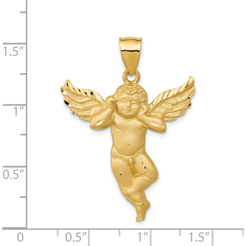 14K Yellow Gold Satin Diamond-Cut Angel Pendant - 38mm Length, 28mm Width by Oro Pregiato
