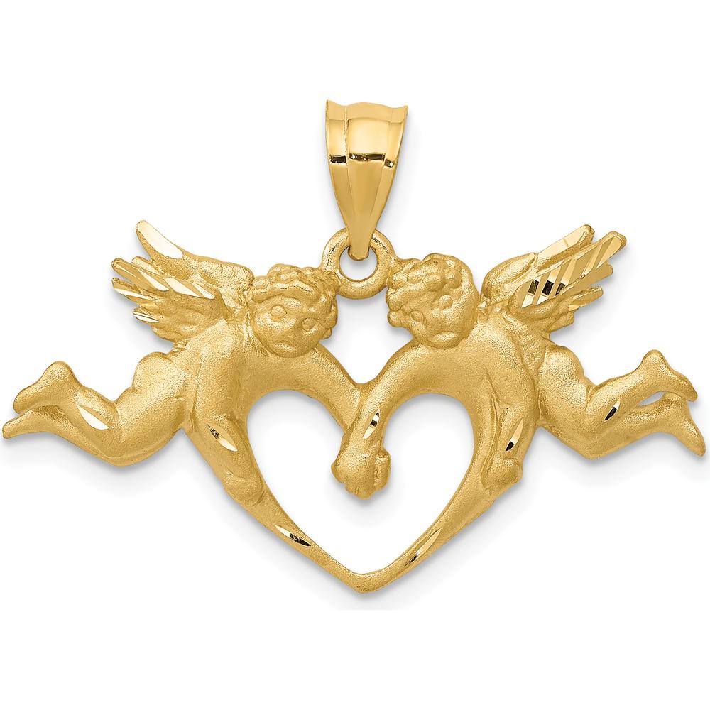 14K Yellow Gold Satin Diamond-Cut Angels with Heart Pendant - 22mm x 30mm by Oro Pregiato