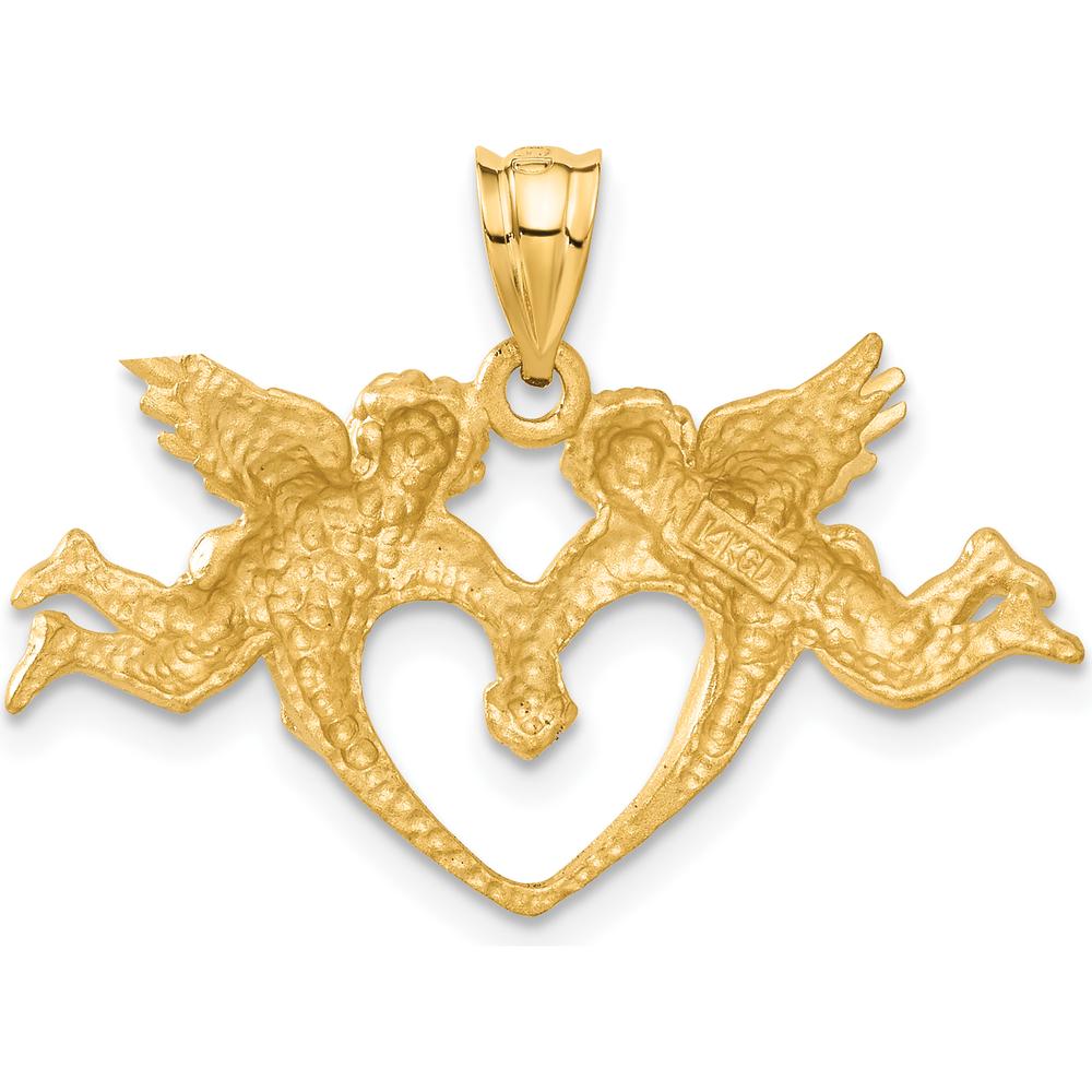 14K Yellow Gold Satin Diamond-Cut Angels with Heart Pendant - 22mm x 30mm by Oro Pregiato