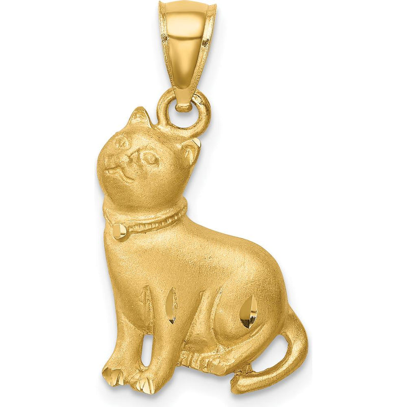 14K Yellow Gold Satin Diamond-Cut Cat Pendant with Brushed Texture - 13mm x 8mm by Oro Pregiato