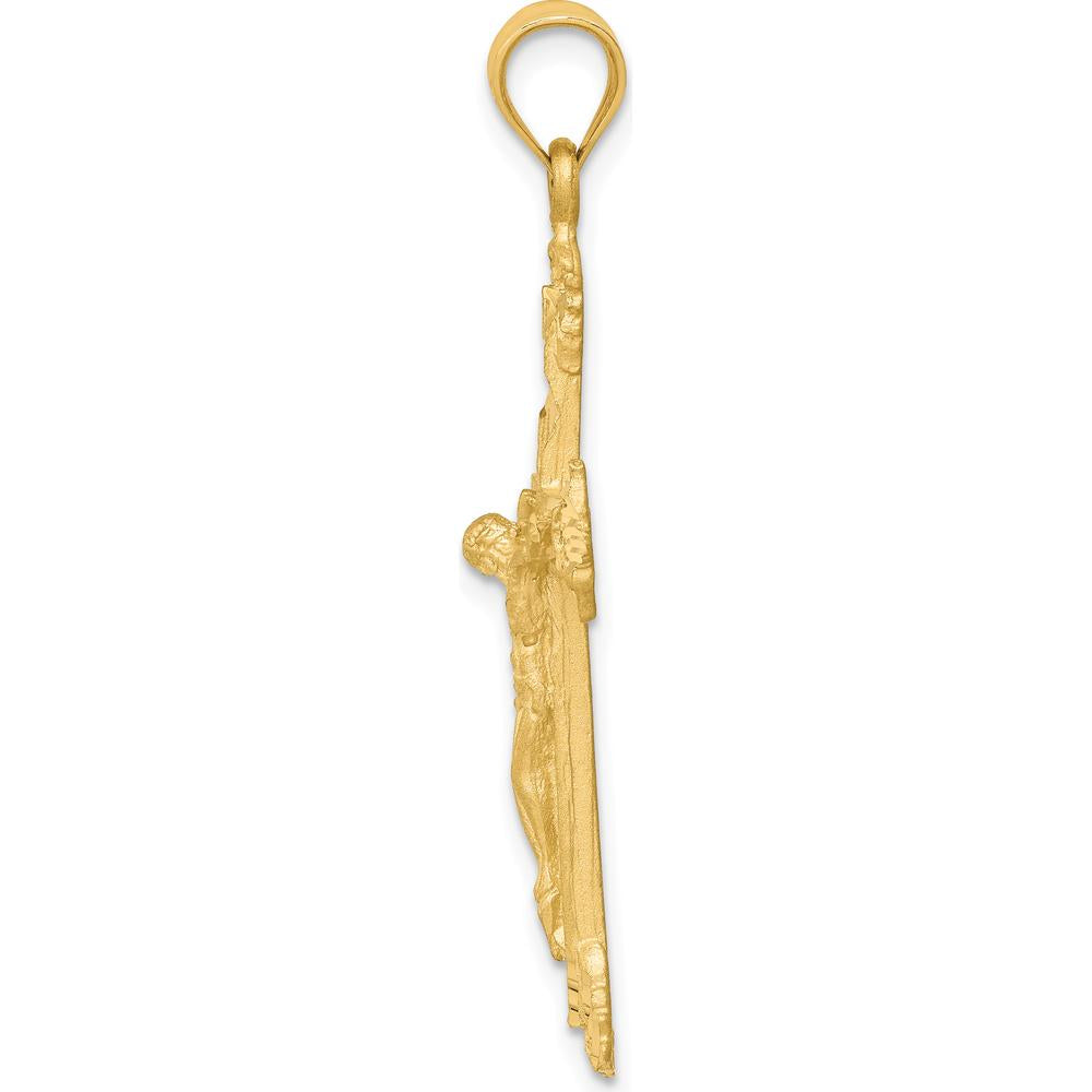 14K Yellow Gold Satin Diamond-Cut Crucifix Pendant - 42mm Length by Oro Pregiato