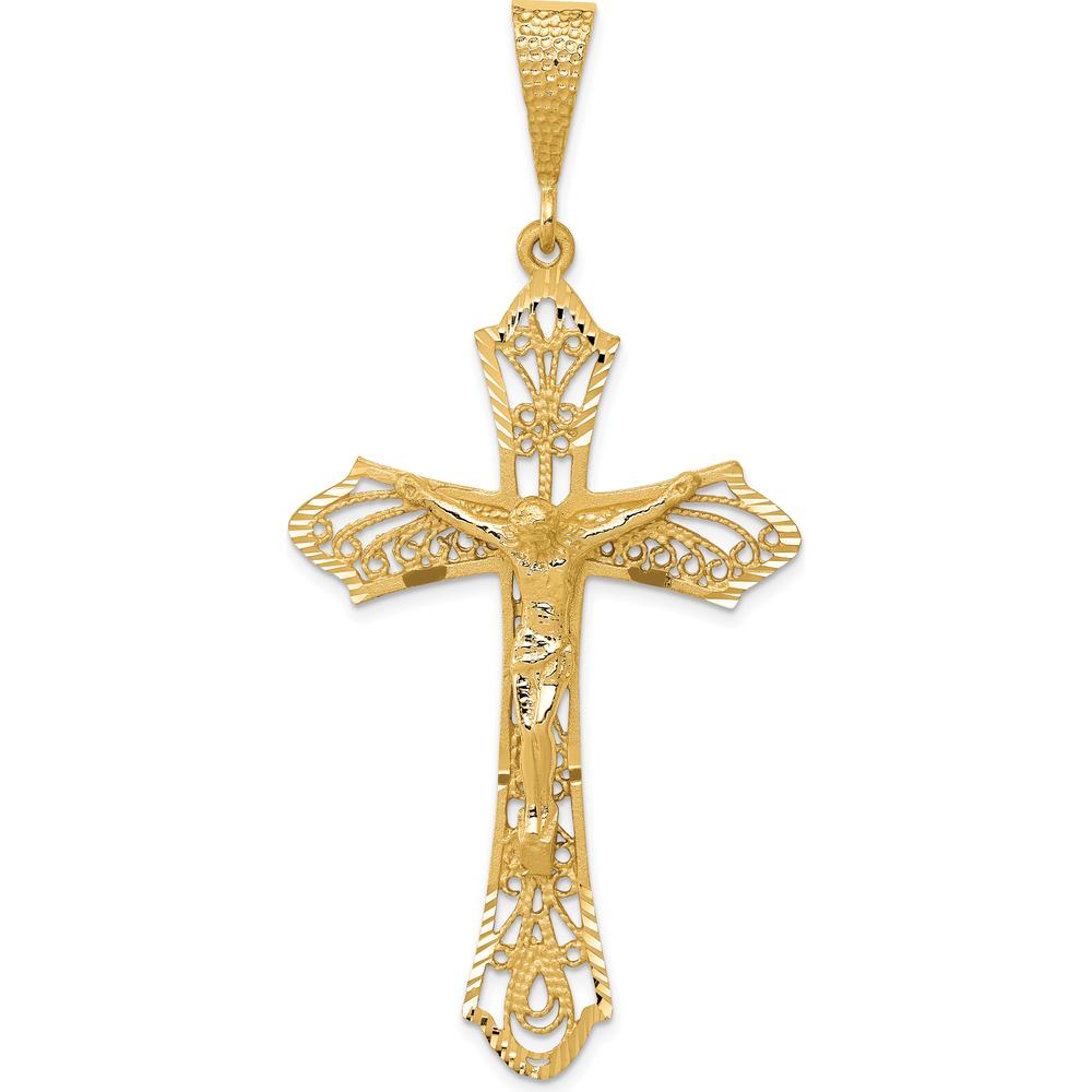 14K Yellow Gold Satin Diamond-Cut Crucifix Pendant - 67mm Length by Oro Pregiato