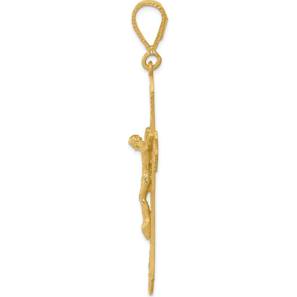 14K Yellow Gold Satin Diamond-Cut Crucifix Pendant - 67mm Length by Oro Pregiato
