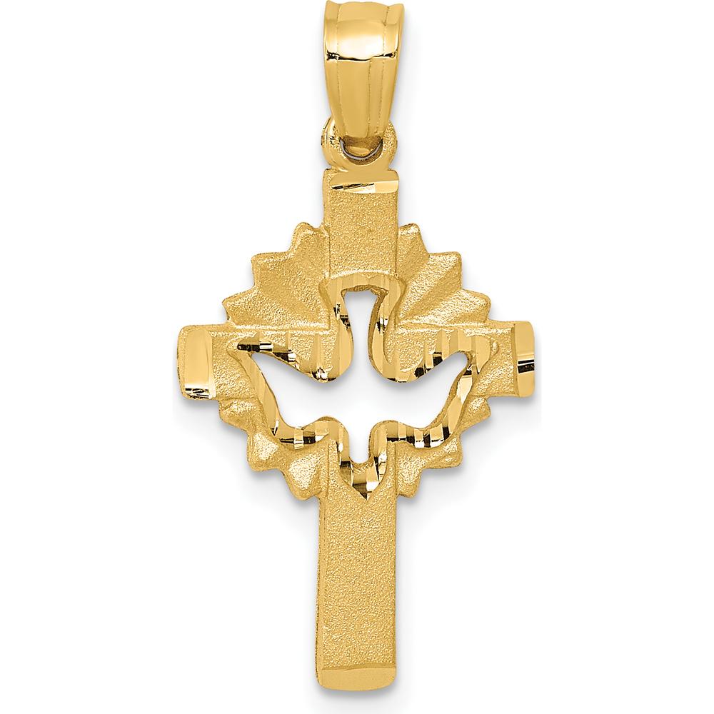 14K Yellow Gold Satin Diamond-cut Dove Cross Charm Pendant by Oro Pregiato