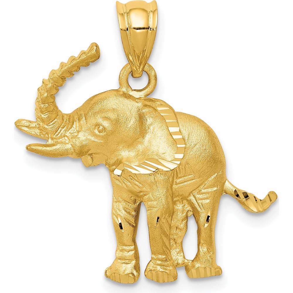 14K Yellow Gold Satin Diamond-Cut Elephant Pendant - 25mm Length by Oro Pregiato