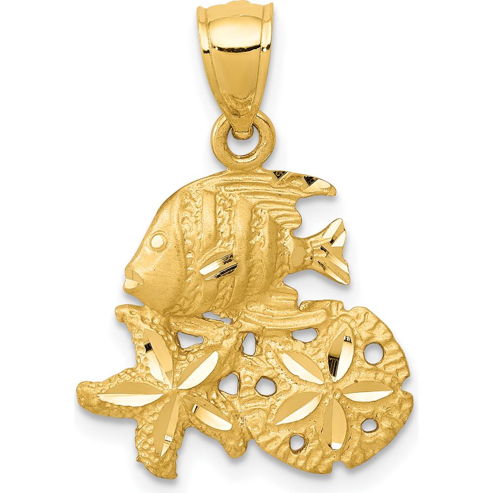 14K Yellow Gold Satin Diamond-Cut Fish, Starfish & Sand Dollar Pendant - 23.5mm by Oro Pregiato