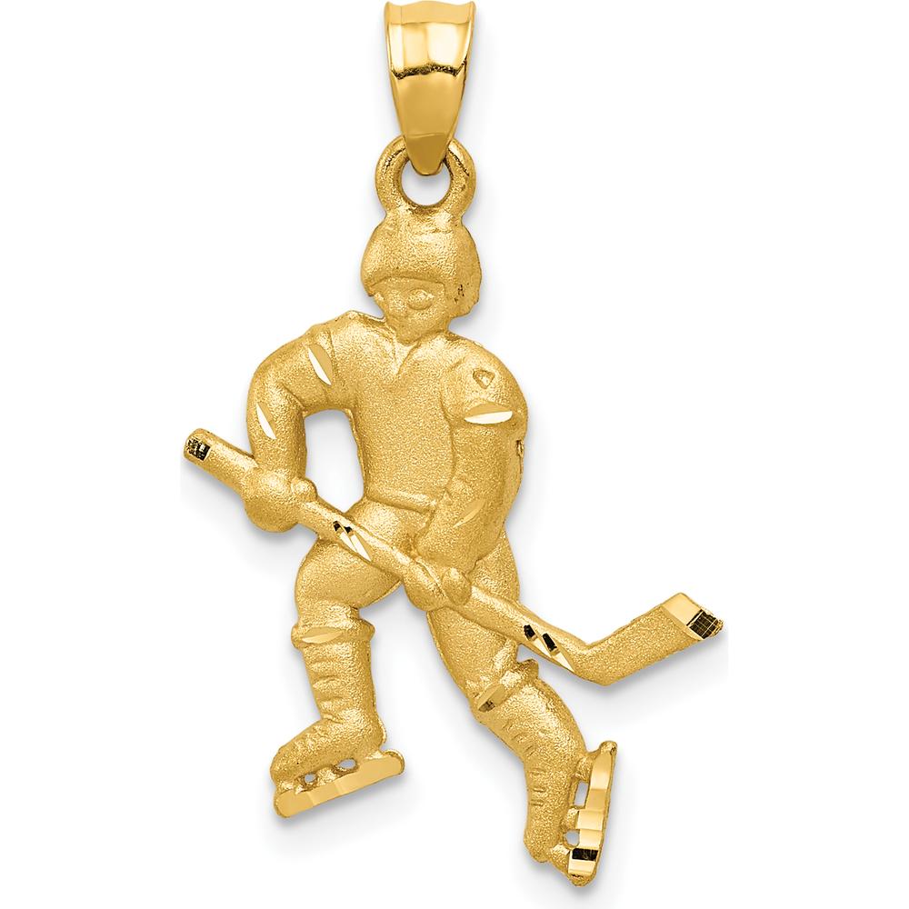14K Yellow Gold Satin Diamond-cut Hockey Player Pendant - 21mm Length by Oro Pregiato