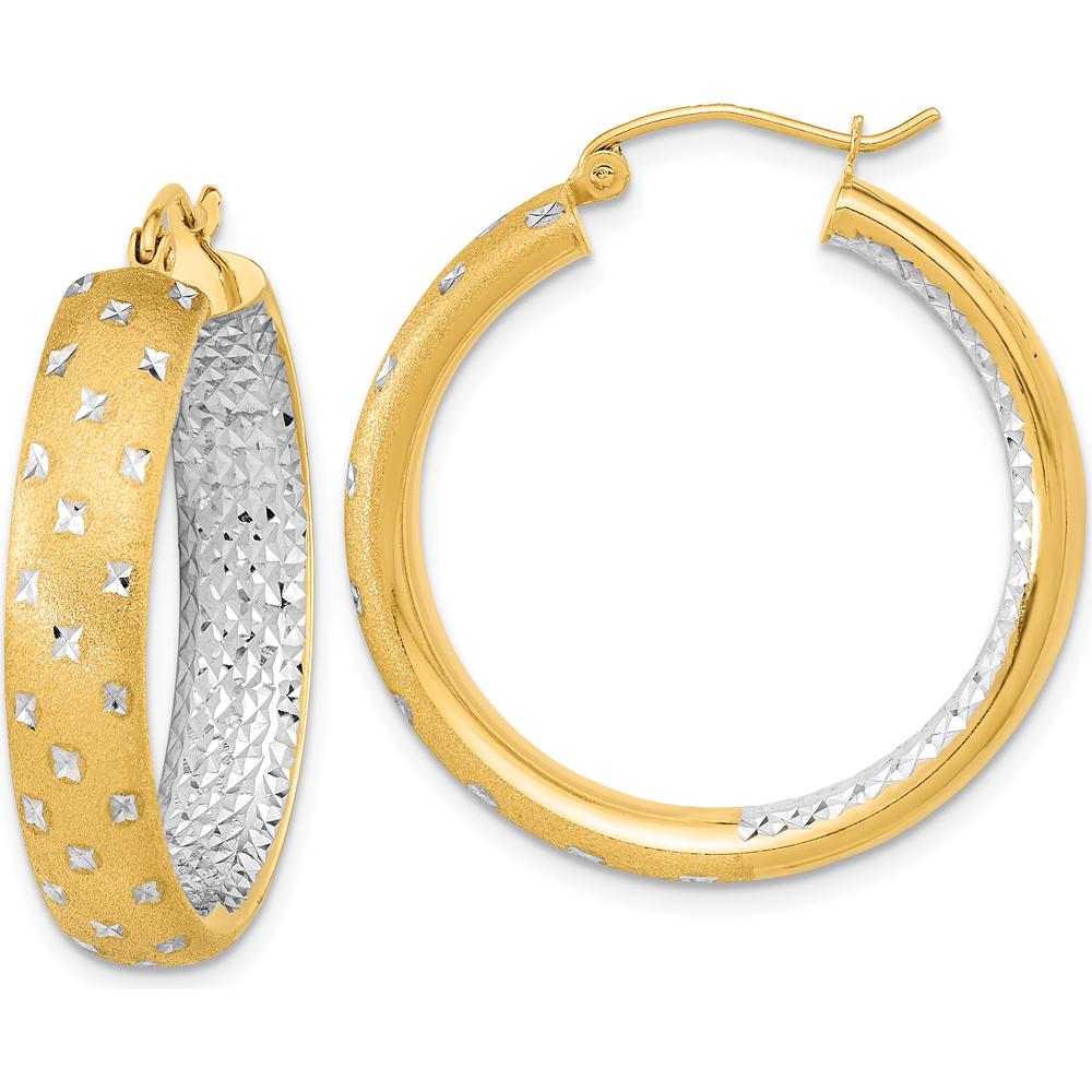 14K Yellow Gold Satin Diamond-Cut In/Out Hoop Earrings with Rhodium Accents - 31.85mm Length by 0