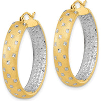 14K Yellow Gold Satin Diamond-Cut In/Out Hoop Earrings with Rhodium Accents - 31.85mm Length by 0