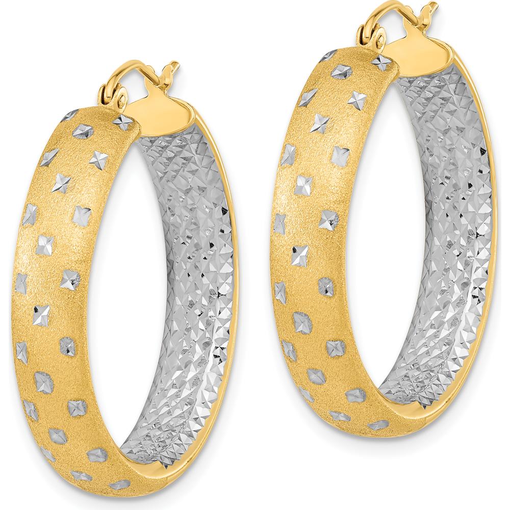 14K Yellow Gold Satin Diamond-Cut In/Out Hoop Earrings with Rhodium Accents - 31.85mm Length by 0