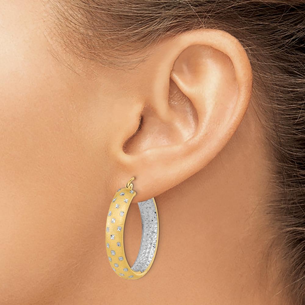 14K Yellow Gold Satin Diamond-Cut In/Out Hoop Earrings with Rhodium Accents - 31.85mm Length by 0