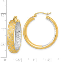 14K Yellow Gold Satin Diamond-Cut In/Out Hoop Earrings with Rhodium Accents - 31.85mm Length by 0
