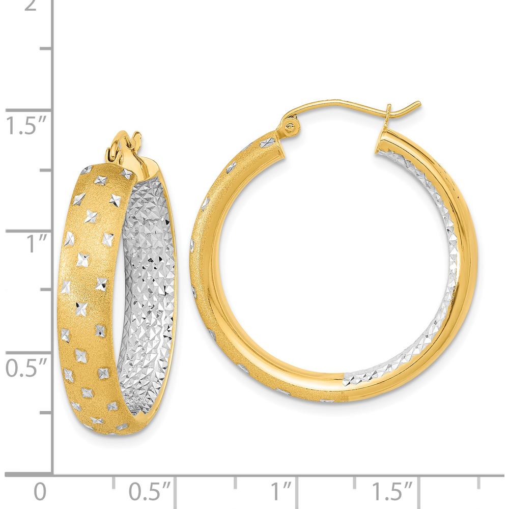 14K Yellow Gold Satin Diamond-Cut In/Out Hoop Earrings with Rhodium Accents - 31.85mm Length by 0