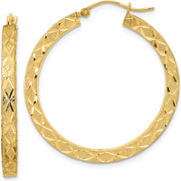 14K Yellow Gold Satin Diamond-Cut Large Hoop Earrings - Elegant Brushed Finish, 36mm Length by 0